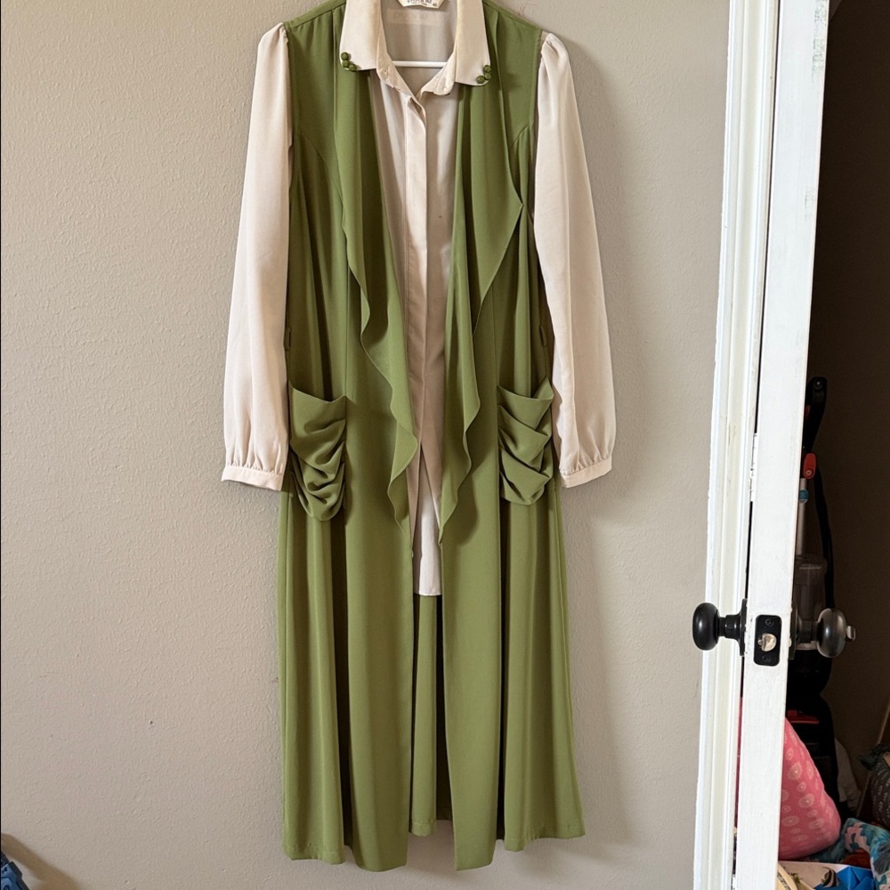 Olive Green Draped Sleeveless Long Vest Layering Dress